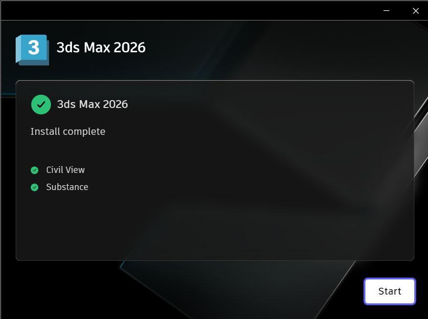 Завершение установки 3ds Max 2026 в установщике Завершение установки 3ds Max 2026 в установщике