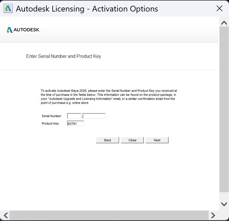 Окно ввода серийного номера для активации Maya 2026