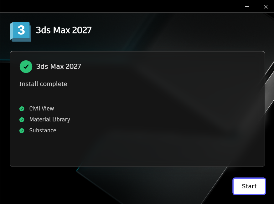 Завершение установки 3ds Max 2027 в установщике
