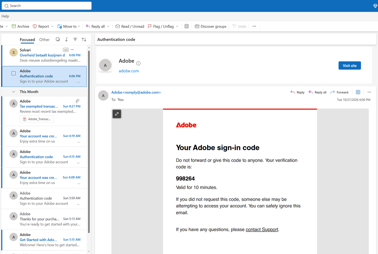 Outlook — письмо Adobe «Authentication code» с шестизначным кодом входа