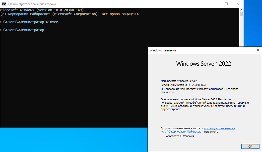 Окно winver: Windows Server 2022, версия 21H2, сборка 20348