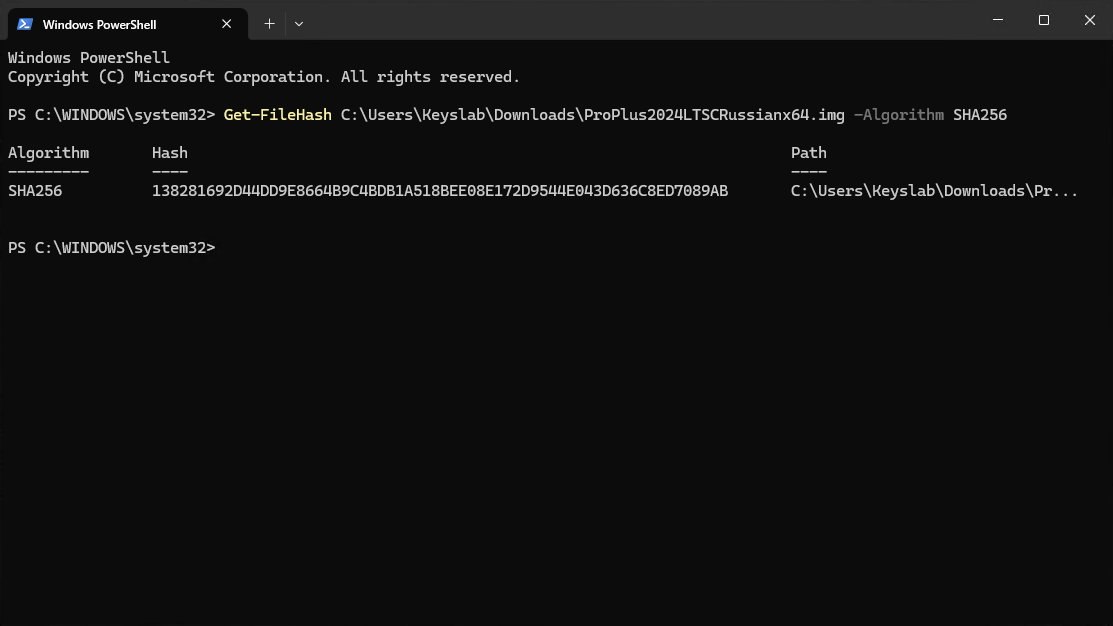 Проверка SHA-256 образа ProPlus2024LTSCRussianx64.img в PowerShell
