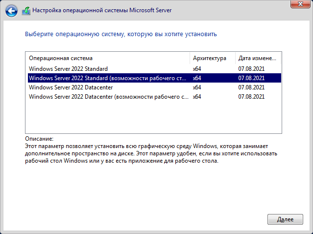 Выбор выпуска: Windows Server 2022 Standard (возможности рабочего стола)