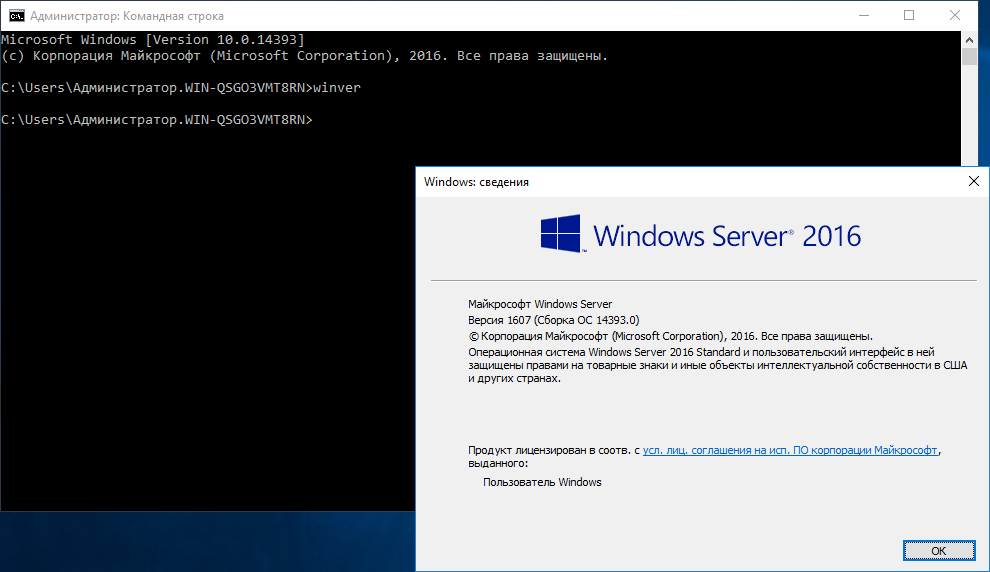 Окно winver: Windows Server 2016 Standard, сборка 14393 Окно winver: Windows Server 2016 Standard, сборка 14393