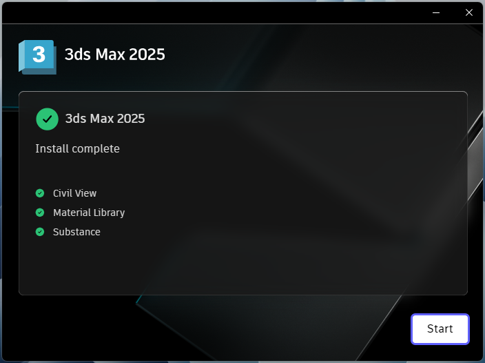 Завершение установки 3ds Max 2025 в установщике